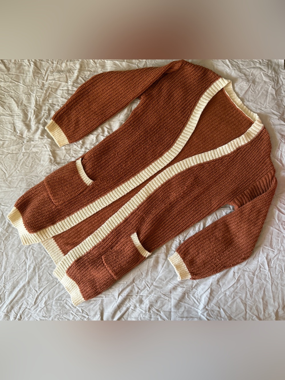 SHEIN Rust Brown and Cream Open Front Knit Cardigan